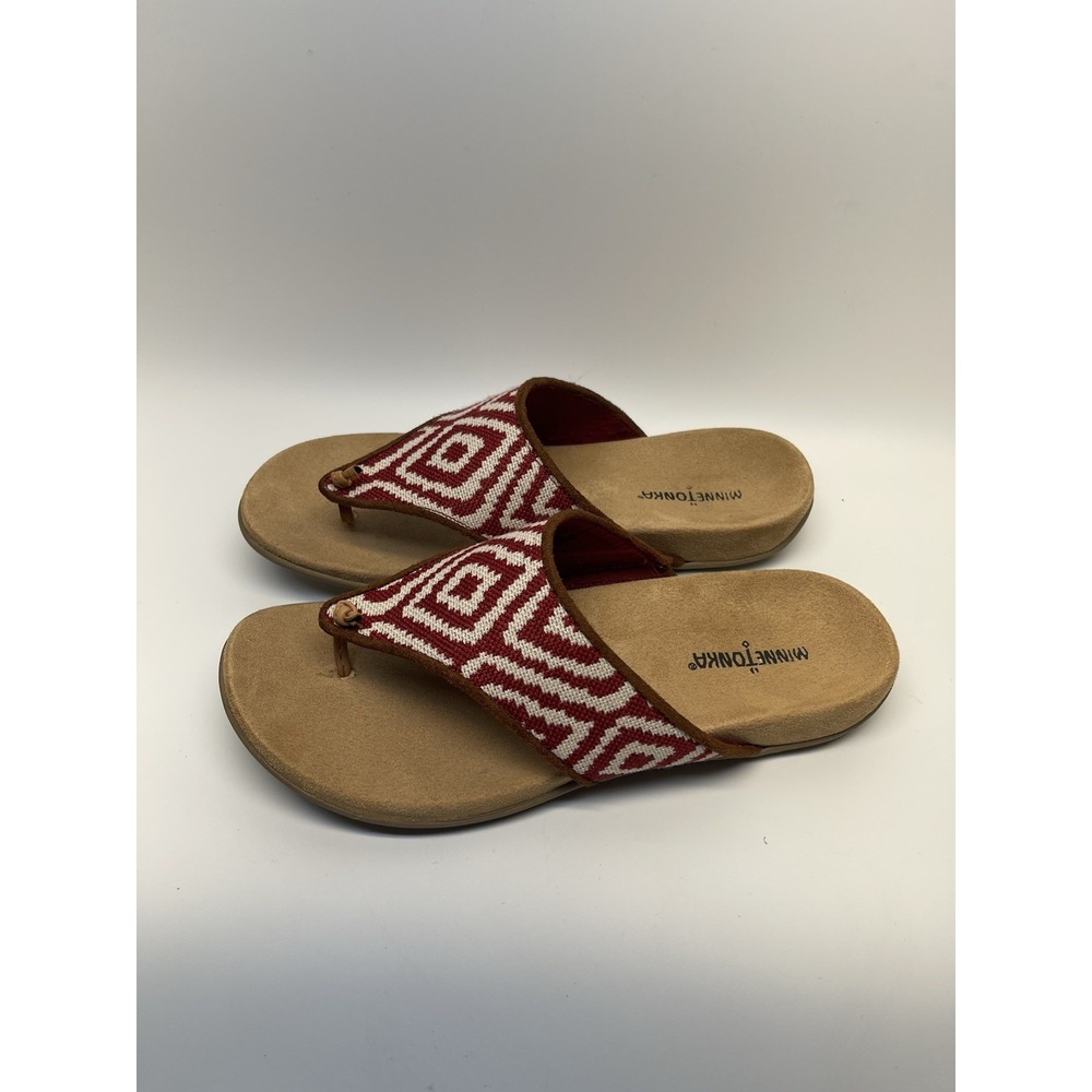 Minnetonka Women's Red White Thong Sandals Size 10 Boho Slip On Comfort